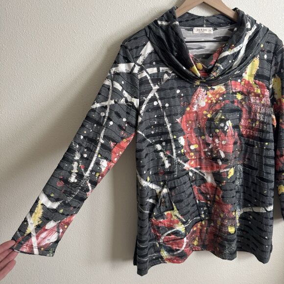 Jess & Jane Top Womens Medium Gray Cowl Neck Artsy Art To Wear Hippie Boho Tunic - Picture 4 of 16